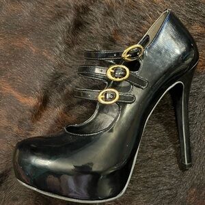 Office London 3 Strap Platform Pin Up Fetish Faux Patent Leather High Heels 7.5